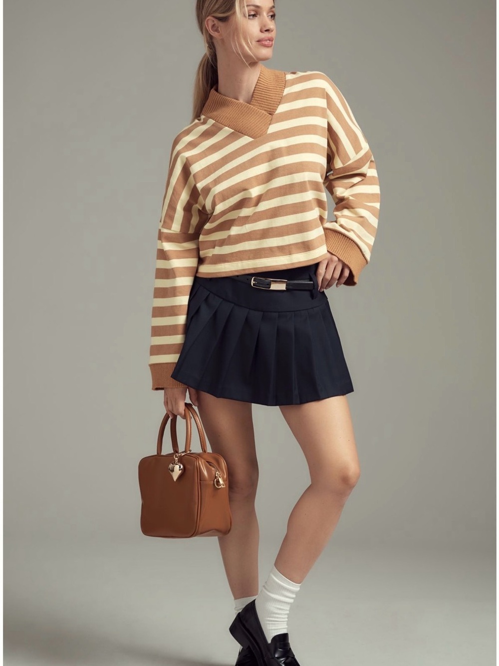 Mauve Striped V-Neck Sweater in Tan & Cream
